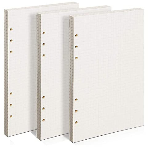 CYH 3 Stück Nachfüllpapier A5, 6 Löcher, Nachfüllpapier, kariert, mobile Blätter für A5, nachfüllbar, Tagebuch, Notizbuch, Kalender, 135 Blatt/270 Seiten, Weiß, (Rutig)