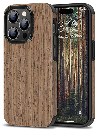 TENDLIN Kompatibel mit iPhone 14 Pro Hülle, Holz und TPU Silikon Hybrid Handyhülle (Schwarz Palisander)