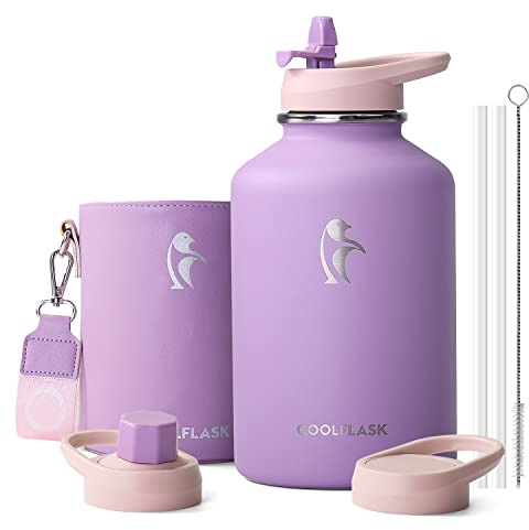 Coolflask 2L/64oz Water Bottle Insulated with PU Leather Sleeve, Stainless Steel Water Bottle Color Contrast with Straw Lids, Half Gallon Metal Water Bottle, Keep Cold 48h Hot 24h, Lilac Purple