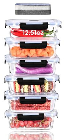 LNWSN Lot de 6 boîtes de conservation en verre avec couvercle, 370 ml, hermétiques, sans BPA, pour micro-ondes, congélateur, lave-vaisselle