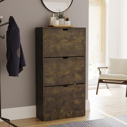Vida Designs Shoe Cabinet, Wooden Shoe Storage Unit with 3 Flip Drawers, Multifunctional Dust-Proof Space-Saving Slim Cupboard for Hallway or Entryway, 100% FSC Certified (Dark Wood)