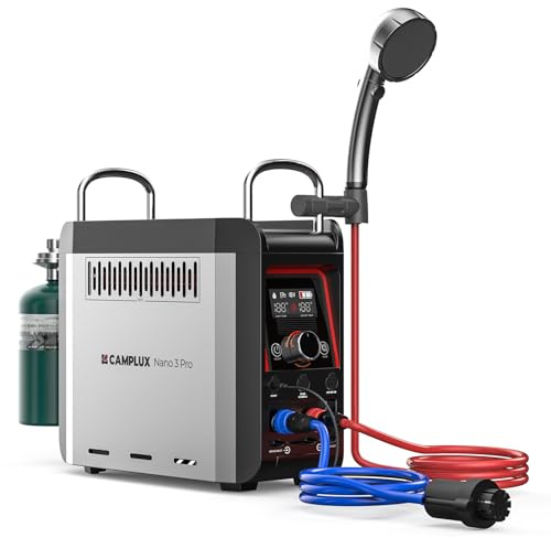 CAMPLUX Nano 3 Pro, Battery Powered Portable Water Heater, 1 lb On-Demand Propane Camping Shower, On Ground Camp Water Heater & Shower Pump, CSA Certified Safety
