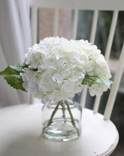 CHASMILE Real Touch Artificial Flowers Whith White Hydrangea in Vase for Home Decoration, Fake Flowers Centerpieces for Tables, Lifelike Fake Hydrangea in Vase for Bathroom, Office and Water Bar