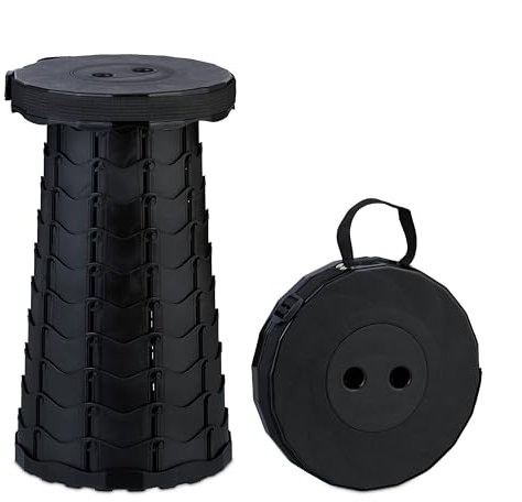 Relaxdays Teleskophocker, faltbar, Tragegurt, Outdoor, höhenverstellbarer Campinghocker, HBT 44,5 x 25 x 25 cm, schwarz