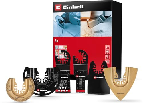 Originale set multiutensile Einhell da 6 pz. (lama da taglio a tuffo BIM, lama da taglio semitonda HCS, lama da taglio a tuffo CrV, lama da taglio semitonda in metallo duro, raspa a delta, raschietto)