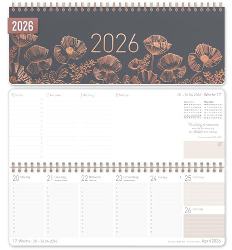 Häfft® Wochen-Tischkalender 2026 quer Poppy 1 Woche 2 Seiten, Schreibtisch-Kalender mit Sprüchen, Wochenkalender 29,7 x 11,6 cm - nachhaltig & klimafreundlich