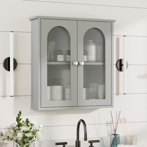Mepplzian 56x58 Grey Bathroom Cabinet,Bathroom Wall Cabinets with Double Doors,Wall Mounted Cabinet for Over Toilet,Surface Mount Kitchen Wall Cupboard,Medicine Cabinet with Shelves