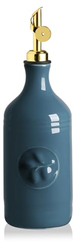 Sweejar Home 460ml Ceramic Olive Oil Dispenser Bottle, Oil Dispenser for Kitchen with Gravity Spout, Relief Opaque Vinegar Container for Evoo, Soy Sauce, 1 Pack(Fog Blue, Gold Spout)