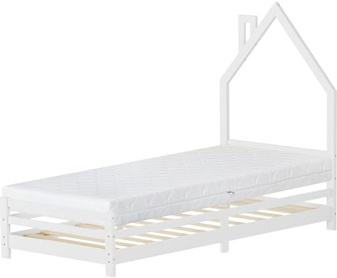 ML-Design Barnsäng i Husform 90x200 cm Vit med Madrass H:16 cm Träbädd med Lamellbotten Skorstensdesign Juniorsäng av Massiv Furu Sängram för Pojkar Flickor Barnrum Säng för Ungdom Sovplats Lekbädd