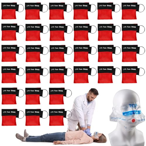 30 llaveros de máscara respiratoria: máscara CPR, paño respiratorio con válvula antirretorno, máscara de bolsillo para primeros auxilios o entrenamiento AED (rojo)