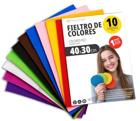 OFITURIA Feltro Colorato per Artigianato, Fai-da-te, Progetti Scolastici, Scrapbooking, Cucito Creativo e Decorazioni 40x30cm (Assortito, 10 pz)