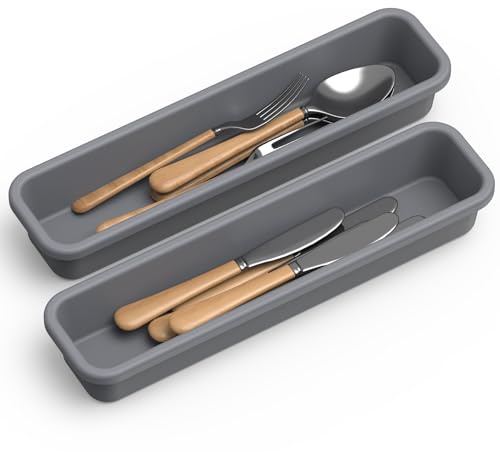 K KORKUAN Range Couverts pour Tiroir, DIY Range Couvert, Silicone Rangement Tiroir Cuisine, Lot de 2, Résistants à l'humidité et à la Chaleur Jusqu'à 200 °C, Antidérapants et écologiques (Gris)