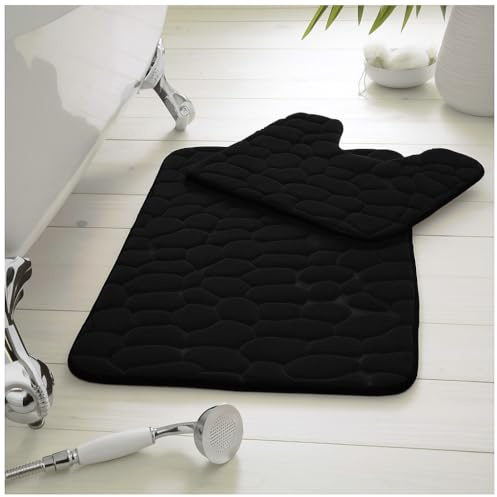 Faozo Luxury Pebble Design Bath Mat Set, Non-Slip Memory Foam Bathroom Rugs, Super Absorbent Soft Microfiber Mat with Toilet Pedestal Contour Rug - Black