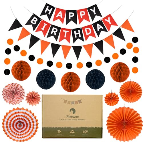 Meowoo födelsedagsfestdekorationer – Happy Birthday-banderoll, 2 födelsedagsflaggor, 6 hängande pappersfläktar, 5 vaxkakedekorationer för halloween