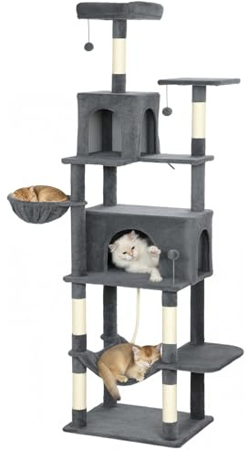 PawHut Árbol Rascador para Gatos, Árbol para Gatos 202 cm, Torre Escalador con Plataformas, 2 Hamacas, 2 Cuevas, 6 Postes de Sisal, 3 Bolas y Cuerda para Jugar, Gris Oscuro