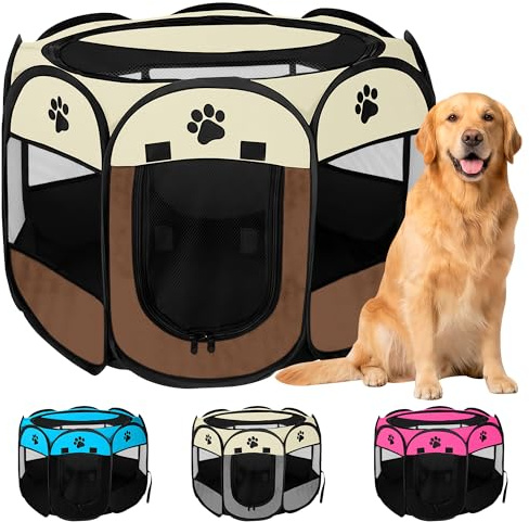 JUPPLIES Parque para Perros Plegable 114x114x58 cm – Corralito Portátil de Tela Oxford Impermeable para Mascotas Grandes - Ideal para Viajes, Juegos o Descanso en Casa y Exterior – Marrón