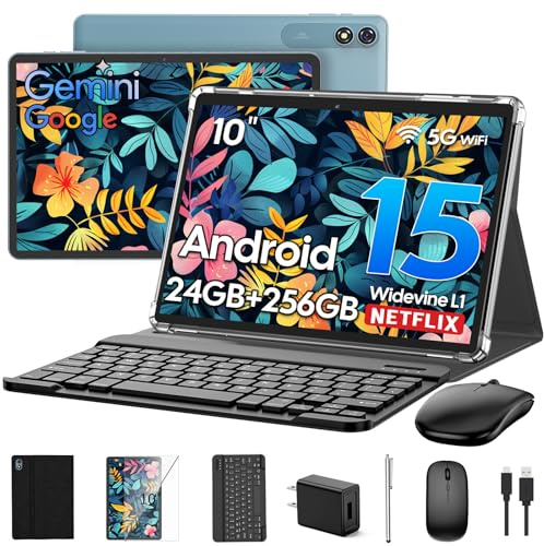 Suicoey 2026 Android 15 Tablet with Keyboard, 24GB RAM + 256GB ROM (2TB Expand), 10 inch Tablet with Gemini AI, Octa-Core, 8000mAh, Widevine L1, 2 in 1 Tablets with Case, Mouse, Stylus(Black Case)
