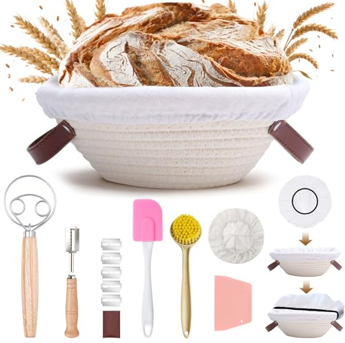 Mispudin Cesta de Fermentación para Pan, Cuerda de Algodón Banetones Redondos para Pan 23cm con asa, Film, Cortador, Mezclador, Espátulas, Rascador, Cepillo, Kit para Principiantes y Panaderos
