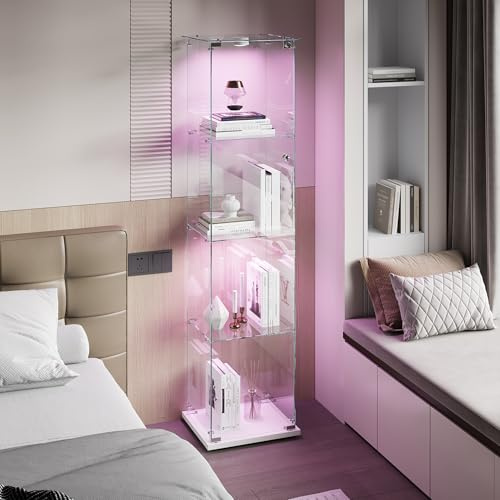 Vetrina in Vetro, Armadio da Collezione Moderno in Vetro a 4 Strati con Luce LED Multicolore, Vetrina Collezione, per Artigianato, Soggiorno, Libri, 39.8*35*163 (Bianco-B, 1 Anta, 4 Piani)
