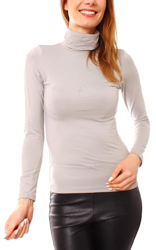 Easy Young Fashion - Damen Thermo Mikrofaser Langarm Rollkragen Shirt - Rolli Unterziehshirt Skinny Fit 3253 - Hellgrau L