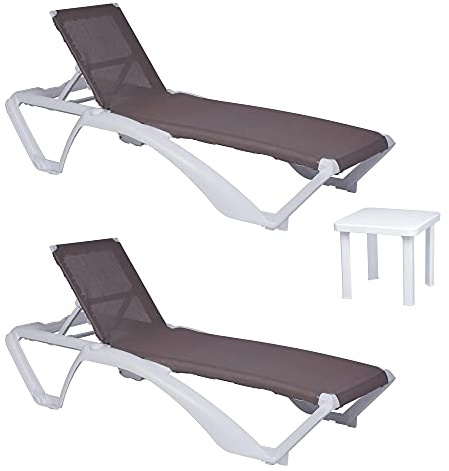 Resol garbar ACQUA-Andorra Set 2+1 Tumbona-Mesa Auxiliar Exterior | jardín, terraza, balcón, Playa, Piscina | apilable, reclinable, Ruedas, Posavasos | Estructura Blanca - Textilene Arena