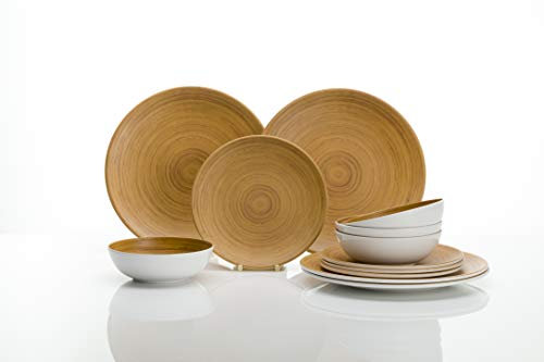 Flamefield Vajilla de melamina de 12 piezas para 4 personas, aspecto de bambú