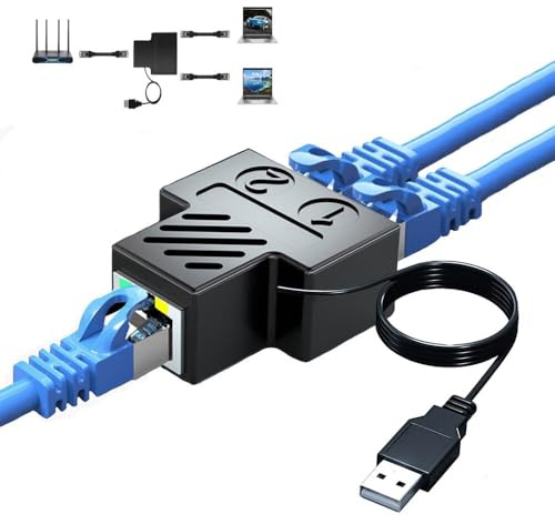 RJ45 Network Splitter Adapter,Wuedozue 1 to 2 Dual Female USB to RJ45 Port with USB Power Cable LAN Interface Ethernet Socket Connector 8P8C Extender Plug Go Online Simultaneously for Cat6, Cat7
