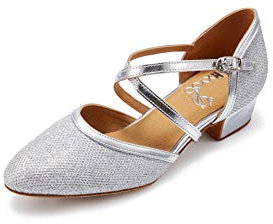 HXYOO Geschlossene Zehenpartie, niedriger Absatz, Glitzer, Ballsaal, Tanzschuhe für Damen, Salsa, Latein, Hochzeit, Party, 3,8 cm Absatz, S11-1, Silber, 3,8 cm, 39 EU