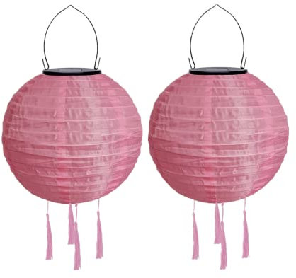 Lampions solaires d'extérieur résistant aux intempéries - Lanterne solaire LED - Lampion d'extérieur étanche avec pompon - Lanterne de jardin en papier - 20 cm (2 pièces) - Rose