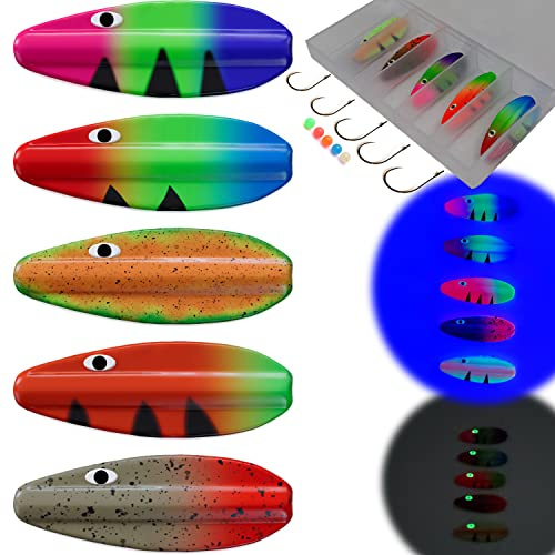 Njord Kalastus Lot de 5 clignotants de passage dans une boîte de 3,9 g | Cuillère en ligne pour truite UV et yeux 3D auto-éclairants | Clignotant de passage pour truite Inliner Spoon en ligne