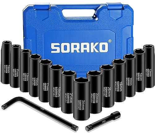 SORAKO Deep Impact Socket Set, 16PCS 1/2'' 10mm-24mm Square Drive Metric Socket Wrench Sets with Wrench L Handle, Extension Rod, Tool Kit for Home Car Repair Cool Gadgets for DIY (Black)