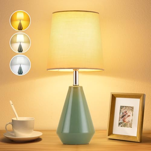 bdayanx Small Bedside Table Lamp for Bedroom - Reading Desk Lamp with 3 Color Temperatures，15.5 Nightstand Ceramic Lamp with Fabric Shade for Kids Room,Living Room,Dorm,Home Office (Green)