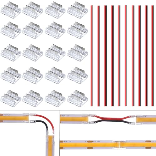 BENLUN LED-kontakt 2-stift 8mm-sats, 20 st lödningsfria raka kontakter, 10 st 15 cm långa 20AWG-förlängningskablar, lämplig för enfärgade COB SMD LED-remsor