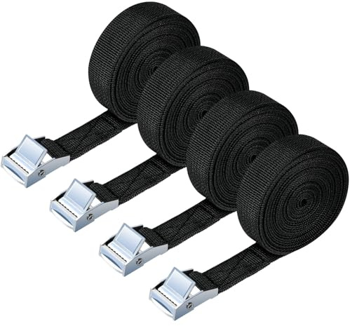URAQT 4 Pcs Cinghie di Tensione, 3m x 2 cm Cinghie di Tensionamento, Carico Cinghie di Tensione con Fibbia, Adatto per Moto, Auto, Portabiciclette, Trazione: 500kg / Pezzo (Nero)