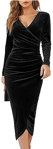 XIVISTO Robe Velours Femme Col en V Manches Longues Rétro Robe De Soirée Sexy Elegant Fête Cocktail Automne et Hiver