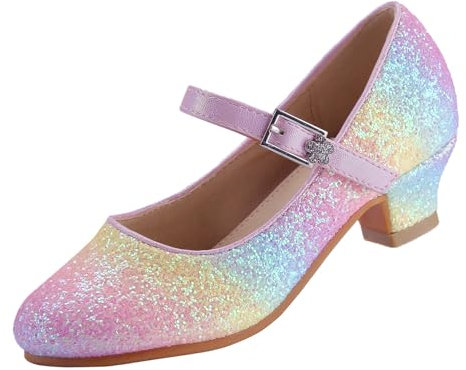 EIGHT KM Mädchen Mary Jane High Heel Kleid Schuh Hochzeit Pumps Prinzessin Schuhe Sparkle EKM7015 Kristall Glitter Regenbogen Größe EU 34