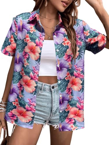 Women's Hawaiian Shirts Floral Tropic Print collared Neck Button Down Shirt Summer Hawaii Short Sleeve Blouse Tops