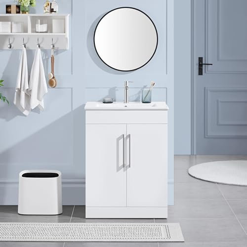 Yaheetech Bathroom Vanity Unit with Ceramic Basin, Bathroom Vanity Storage Cabinet with 2 Doors, Floor Standing Vanity Sink Cabinet, White