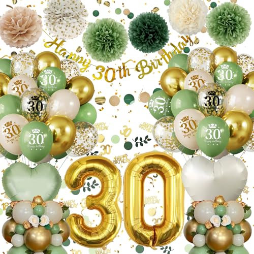 30 Geburtstag Deko Männer Frauen,Geburtstagsdeko 30 Frau Mann, 30. Geburtstag Luftballons Deko Grüne Gold mit Happy Birthday Banner Pompons für Luftballon Dekorationen Mehrweg