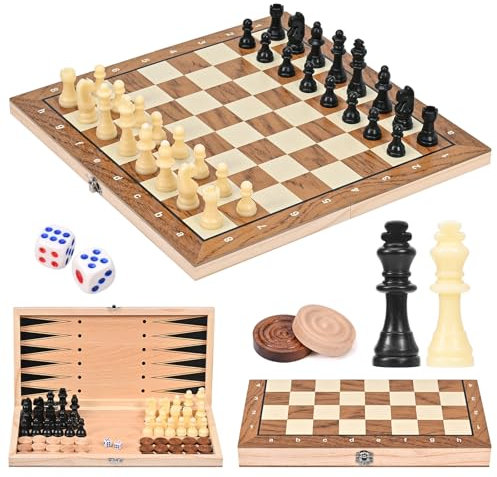 Schachspiel aus Holz, Faltbares 3-in-1-Brett, Schachspiel, Tragbares Brettspiel, Reiseschach, Anfänger-Partyspiel für Kinder und Erwachsene, 29x29 cm