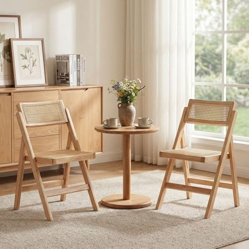 chairus Folding Dining Chairs Rattan Set of 2 Mid Century Kitchen Chairs Armless Side Chair with Wooden Frame (Yellow-2)