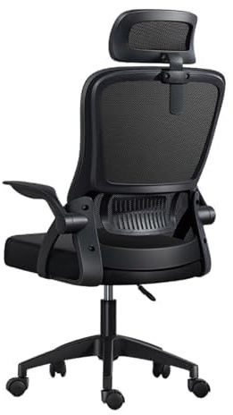 Silla de Oficina, para Gaming, Escritorio Ergonómica con Reposacabezas, Ajustable y con Soporte Lumbar | Respaldo de Malla Transpirable | Reposabrazos Abatibles de 90° | Giratoria 360° (Negro)