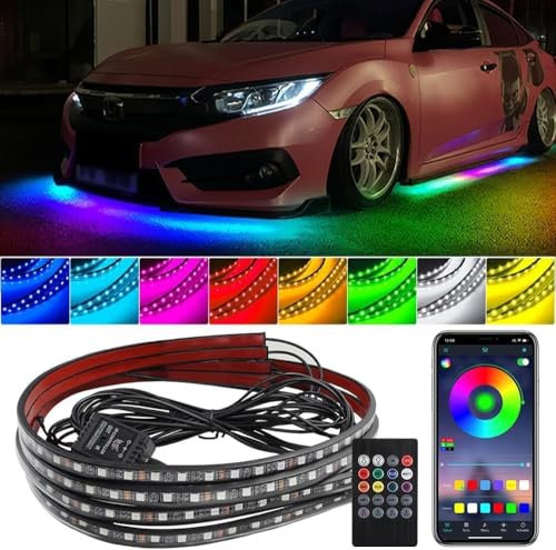 DAJASD 4PCS Underglow Car Lights Kit, Waterproof RGB Car Led Interior Strip Lights with Music Mode, Exterior Ambient Lighting Cars Support Bluetooth App & Remote Control DC 12V 47Inch x2 & 35Inch x2