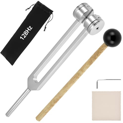 QWORK® Horquilla de Afinación 128 Hz de Aleación de Aluminio con Martillo de Silicona y Bolsa, para Meditación, Mindfulness, Relajación y Práctica de Sonido