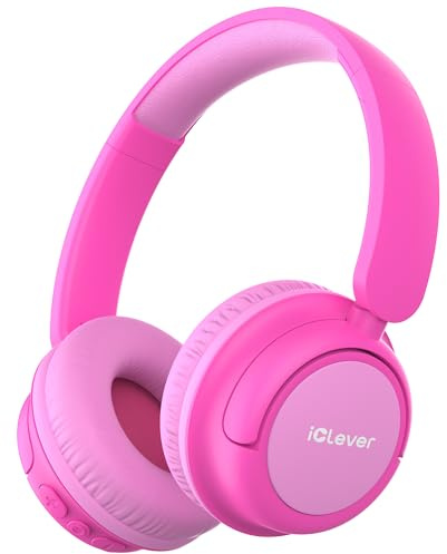 iClever Cuffie Bluetooth per bambini, batteria da 60 ore, 74/85 dBA limite di volume, suono stereo, tipo C, Bluetooth5.4, senza fili per bambini, con microfono per tablet/viaggi, luce rosa