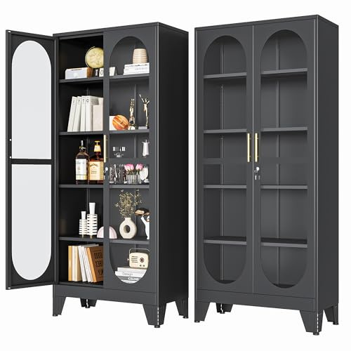 PAOFIN 71 H Locking Display Cabinet with Glass Door, Metal Curio Cabinets with 4 Adjustable Shelves, Tall Liquor Cabinet Display Case for Living Room, Collectibles, Home - Assembly Required Black