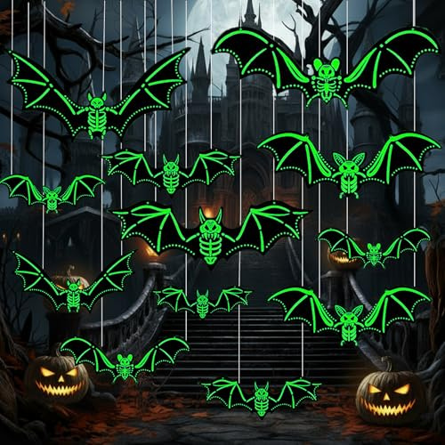 12 Stück Halloween Deko Hängende Fledermäuse Outdoor Innen,Leuchtender Fliegende Wasserdichtes PVC Halloween Dekoration Wanddeko für Party Innen Außen Haus Bäume Garten Patio