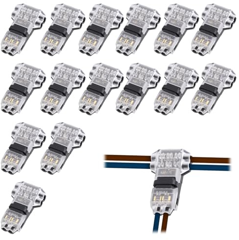 15 Pack 2 Pin T Tap Wire Connectors, No Strip Quick Splice Connectors for 18-22 AWG, Solderless Low Voltage Wire Connectors for LED Strip Lights, Car Audio, Speaker Wire and Vehicle Wiring
