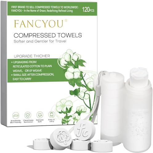 Fancyou Compressed Towel Tablets 120 Count with Silicone Dispenser, Portable & Compact Disposable Washcloths, Thicken Cotton Mini Facial Towels Coin Tissue Put in Pockets, Car, Backpacks, Handbag