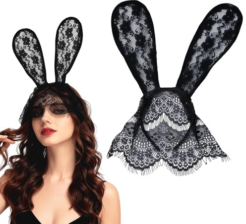 OHEETU Diadema sexy de orejas de conejo de encaje negro con velo para Halloween, diadema de orejas de conejo, máscara de encaje, aros para el pelo, accesorio de disfraz para cosplay, fiestas de